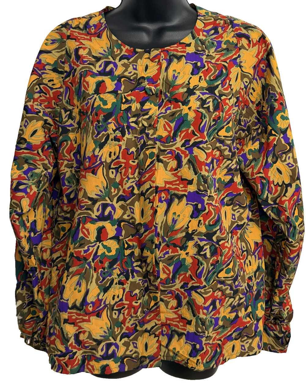 VTG Notations Blouse Women's 10 Abstract Floral Long Sleeve Hidden Button Top